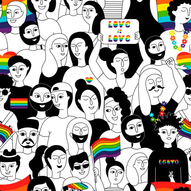 LGBT community. LGBT community. Seamless pattern with a group of people participating in a Pride parade. LGBTQ. Doodle vector background bi black stock illustrations