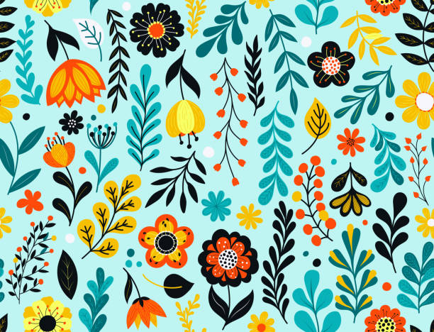 Seamless floral pattern Colorful flowers seamless pattern. Hand drawn florals, leaves and berries. EPS10 vector illustration, global colors, easy to modify. spring background stock illustrations