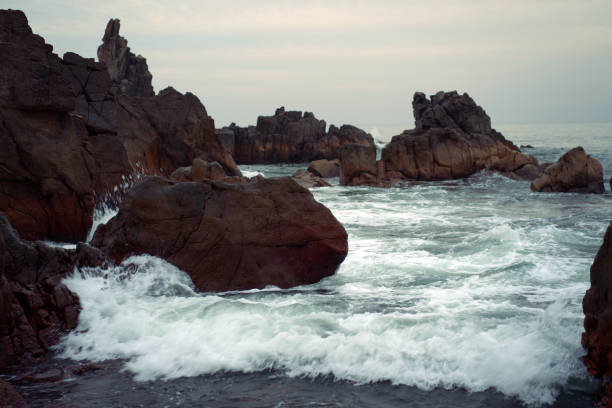 istock Rocky beach landscape. White spray over a stone. 1221242435