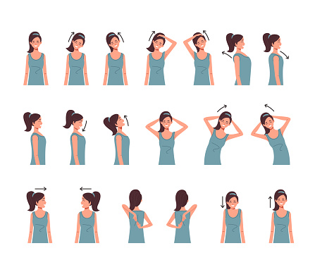 Neck shoulder spine exercise isolated set. Vector flat cartoon graphic design