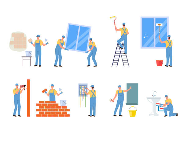 Repair professional worker character isolated set. Vector flat cartoon graphic design illustration Repair professional worker character isolated set. Vector flat cartoon graphic design house painter ladder paint men stock illustrations