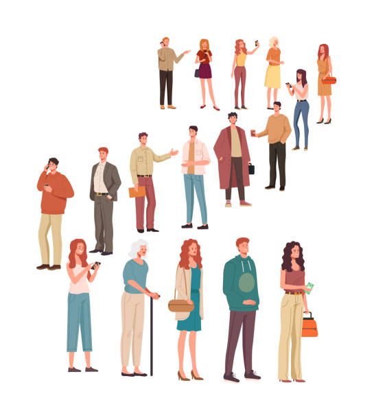Big queue order waiting line people characters concept. Vector flat cartoon graphic design illustration Big queue order waiting line people characters concept. Vector flat cartoon graphic design all people stock illustrations