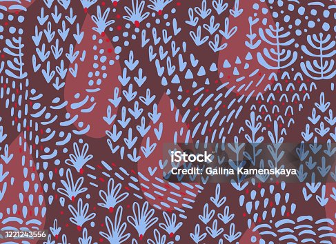istock Vector floral seamless pattern made of doodle shapes. Decorative plants and garden elements. 1221243556