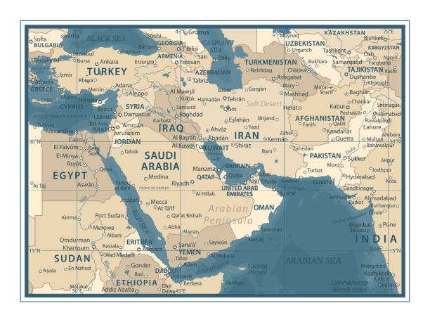 Middle East Map - Vintage Vector Illustration Middle East Map - Vintage Detailed Vector Illustration persian gulf countries stock illustrations