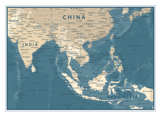 mapa azji południowo-wschodniej - vintage wektor ilustracja - azja południowo stock illustrations