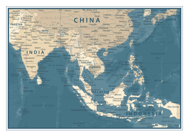 ilustrações, clipart, desenhos animados e ícones de mapa do sudeste asiático - ilustração vetorial vintage - map usa southeast cartography