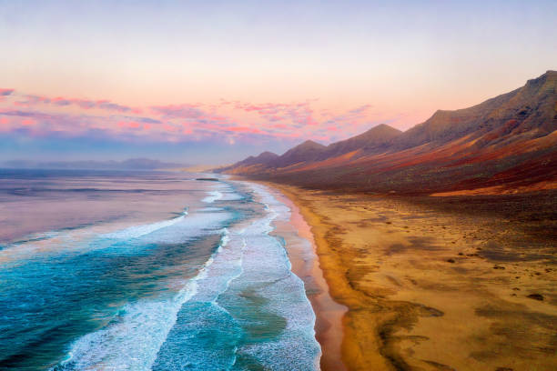 Cofete Beach on the Southern Tip of Fuerteventura during Sunset stock photo