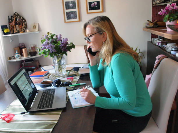 mujer madura trabajando desde casa - alenka fotografías e imágenes de stock