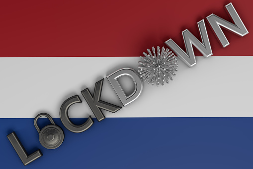 3D rendering of pandemic outbreak and quarantine concept. Holland lockdown nationwide due to coronavirus crisis covid-19 disease. Dutch flag with lockdown text. Stay at home. Virus outbreak.