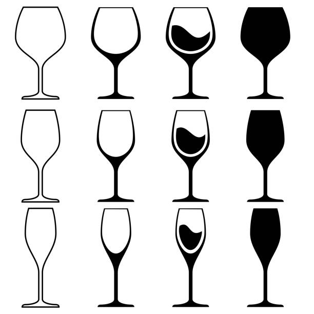 Wine Glass Vector illustration Set A collection of wine glass stencils.  Outlines and silhouettes of various shapes and sizes. wineglass stock illustrations