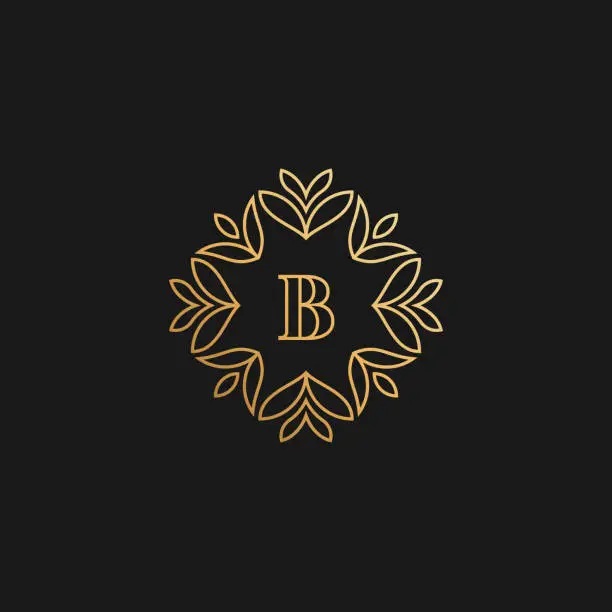 Vector illustration of Premium linear ornamental letter B logo or monogram. Feminine floral decorative logo with leaf frame.