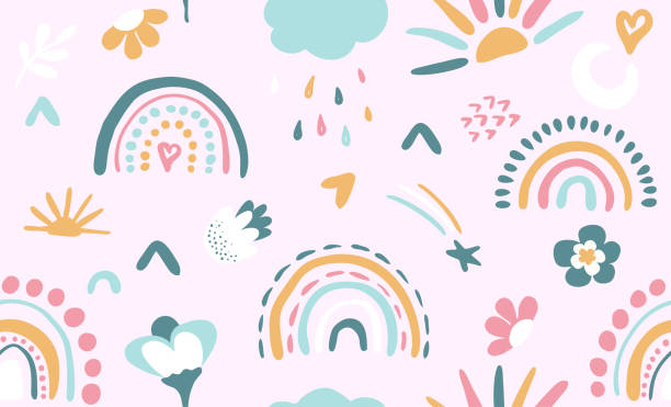 Seamless vector pattern with hand drawn rainbows and sun. Trendy baby texture vector art illustration