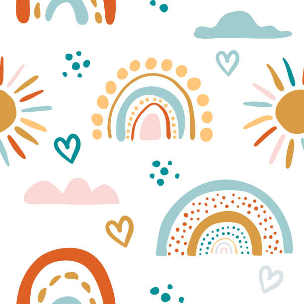 bildbanksillustrationer, clip art samt tecknat material och ikoner med sömlöst vektormönster med handritade regnbågar och sol. trendig baby textur - barn illustrationer