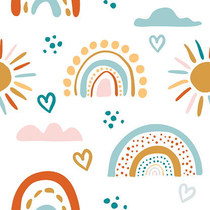 Seamless vector pattern with hand drawn rainbows and sun. Trendy baby texture for fabric, textile, wallpaper, apparel, wrapping