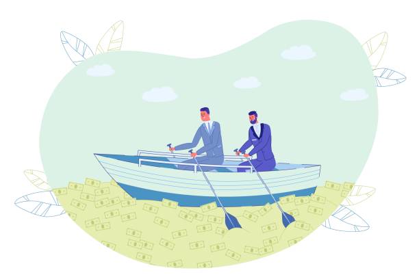 ilustrações, clipart, desenhos animados e ícones de empresário navegando em barco no mar money cash - teamwork oar achievement sports team