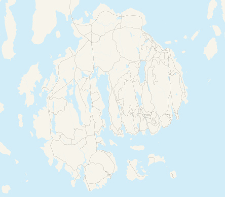 Simplistic geographical/road map of Mt Desert Island, Maine. Original map data is public domain and sourced from the National Park Service - nps.gov