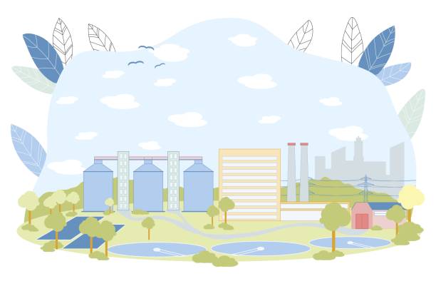 ilustrações, clipart, desenhos animados e ícones de instalação de limpeza de águas residuais com reservatório redondo - águas residuais