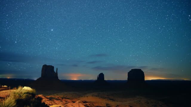 Time Lapse of Stars and Shooting Stars in the Night Sky with Silhouettes of Rock Formations in the Distance in the Monument Valley Desert in Utah/Arizona at Night