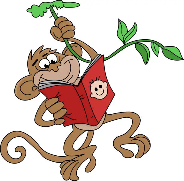 Vector illustration of Cartoon monkey hanging reading a book vector illustration