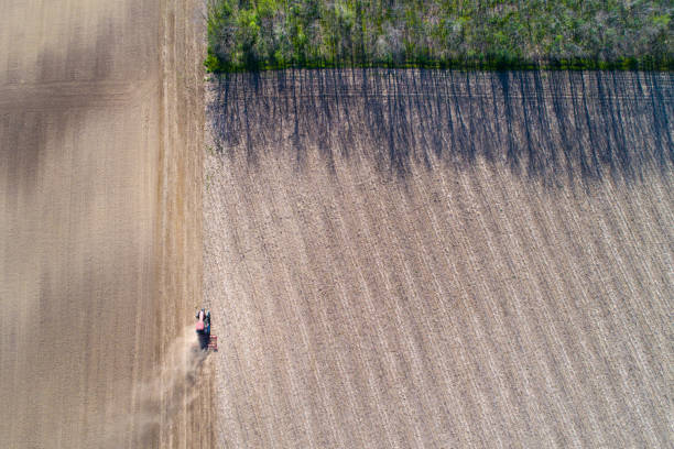 istock Top view of tractor harrowing field 1221252876