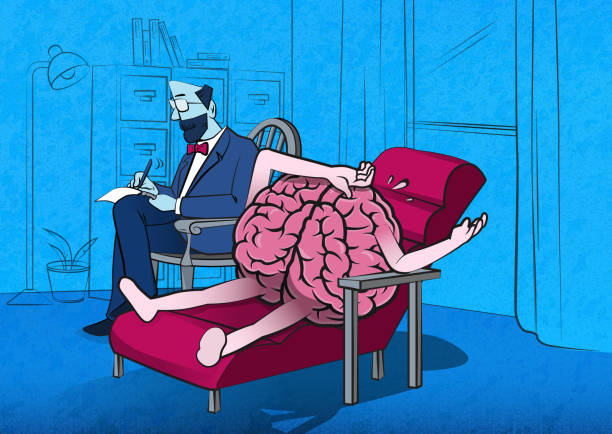 ilustrações de stock, clip art, desenhos animados e ícones de psychologist in a therapy session with brain character cartoon i̇llustration - psychiatrists couch