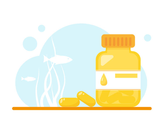 ilustrações de stock, clip art, desenhos animados e ícones de fish oil capsules with packaging on blue sea background. flat vector illustration. - fish oil illustrations