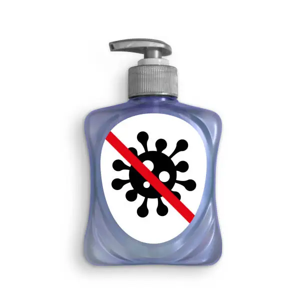 Hand sanitizer, washing gel, liquid soap, alcohol rub, pump bottle dispenser close up, isolated with a stop kill remove coronavirus symbol on the label