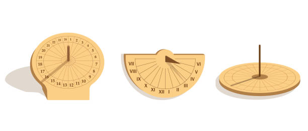 Set of different types of sundials on white background. Equatorial, vertical and horizontal sundials vector illustranion. Set of different types of sundials on white background. Equatorial, vertical and horizontal sundials vector illustranion. ancient sundial stock illustrations