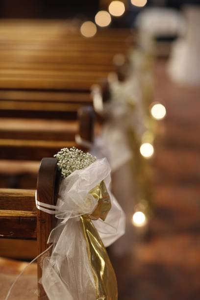 istock Beautiful church decorated for wedding ceremony 1221255110