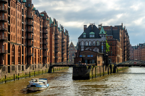 View of famous Speicherstadt warehouse district, a UNESCO World Heritage Site, Hamburg, Germany