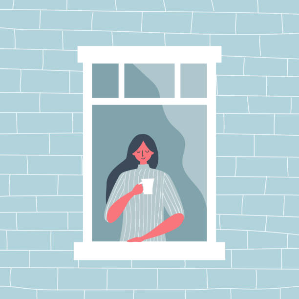 молодая женщина пьет кофе у открытого окна. вид со стороны улицы - looking through window illustrations stock illustrations