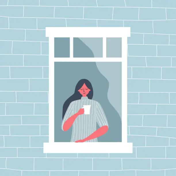 Vector illustration of Young woman is drinking coffee by the open window. View from the street side