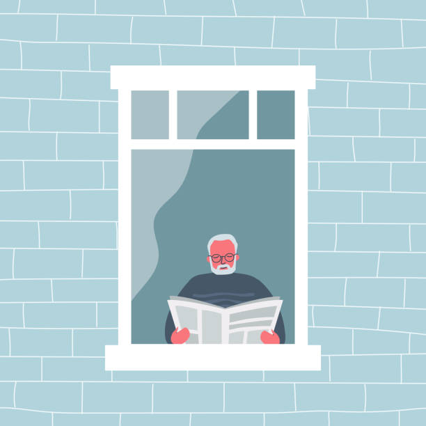 Elderly man is reading a newspaper by the open window. View from the street side Elderly man is reading a newspaper by the open window. View from the street side. Funky flat style. Vector illustration looking at view illustrations stock illustrations