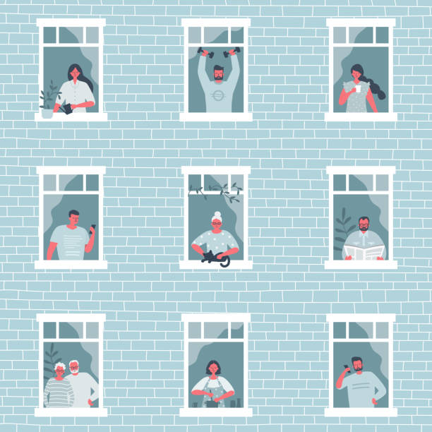 People at the window. People during the coronavirus epidemic. Stay at home concept People at the window. Young woman is drinking coffee, elderly woman stroking a cat, man is reading newspaper, guy is training with dumbbells etc. People during the coronavirus epidemic. Stay home looking through window stock illustrations