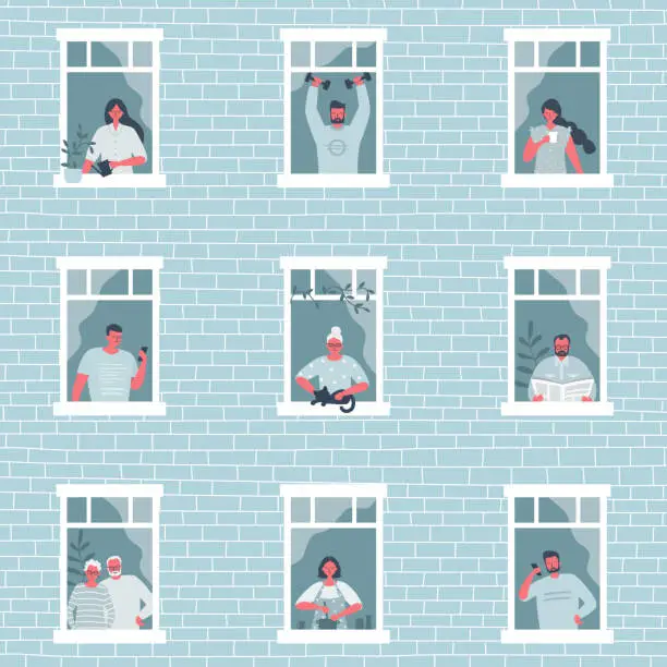 Vector illustration of People at the window. People during the coronavirus epidemic. Stay at home concept