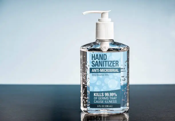 Mockup of a generic bottle of hand sanitizer with entirely original label designed by submitter. Hand sanitizer is currently in extremely high demand due to the Covid-19 pandemic.