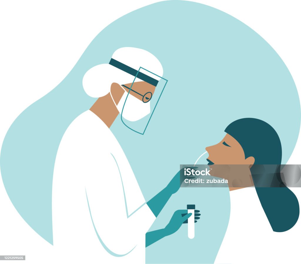 코로나 바이러스 COVID-19 진단. 환자를 위한 비강 면봉 검사를 만드는 전체 항 바이러스 보호 장비를 착용하는 의사. - 로열티 프리 건강 검진 벡터 아트