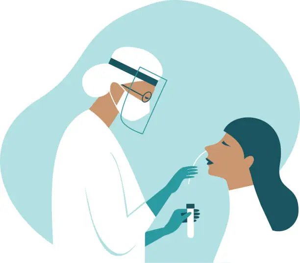 Vector illustration of Coronavirus COVID-19 diagnostics. Doctor wearing full antiviral protective gear making nasal swab test for patient.