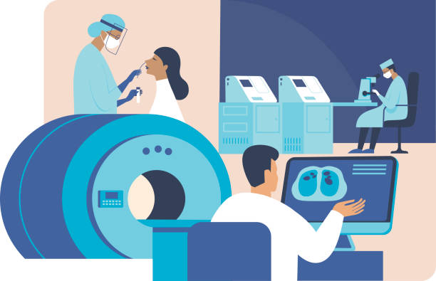 исследование диагностики коронавируса covid-19. врачи делают тест на носовой мазок, делая компьютерную томографию для пациента. - doctor vector radiologist characters stock illustrations