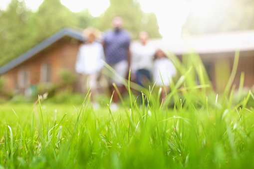 Defocused low angle view portrait of African-American family standing in a row at backyard lawn