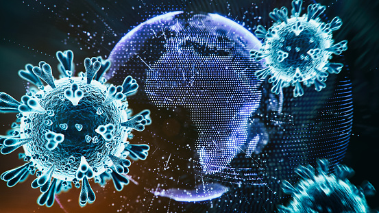 Abs virus and global world symbol - 3d rendered image of COVID-19 Global Financial Market Concepts
Conceptual still.  Instability in Financial Markets worldwide concept. Hologram view.