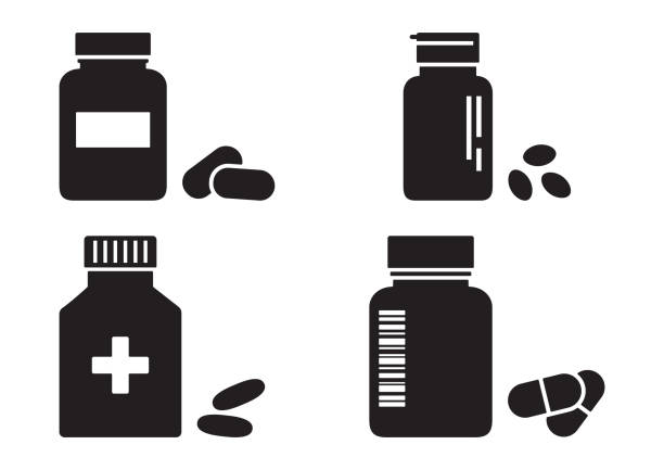 ilustraciones, imágenes clip art, dibujos animados e iconos de stock de botellas de píldoras o vitaminas, concepto de farmacia, iconos negros de la medicina. vector - pills