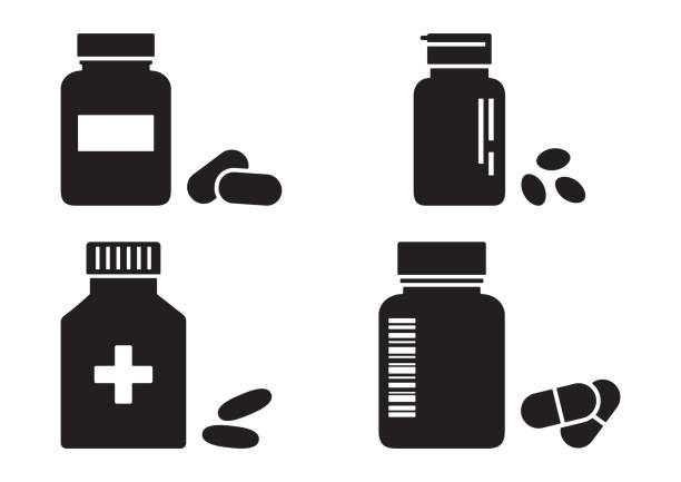 illustrations, cliparts, dessins animés et icônes de bouteilles de pilules ou de vitamines, concept de pharmacie, icônes noires de médecine. vecteur - pill bottle