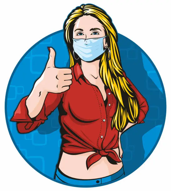 Vector illustration of Woman Giving Thumbs Up Wearing a Surgical Face Mask