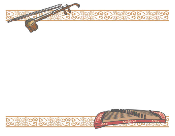 ilustrações de stock, clip art, desenhos animados e ícones de frame with chinese instruments and decorative border. - erhu