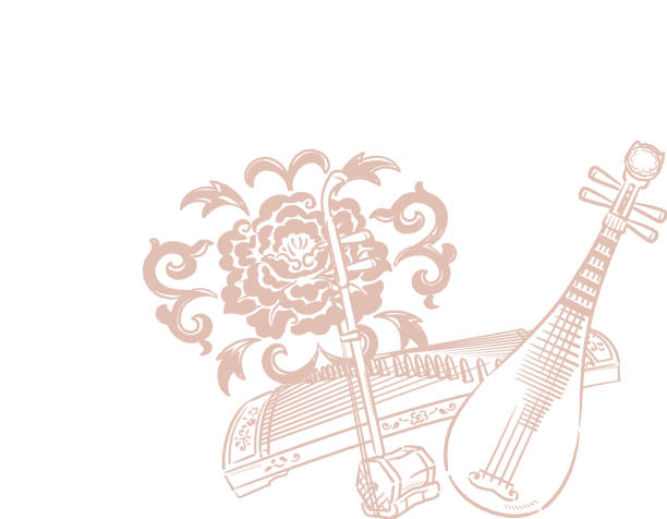 ilustrações, clipart, desenhos animados e ícones de fundo temático musical com instrumentos musicais chineses e flor de peônia. - erhu