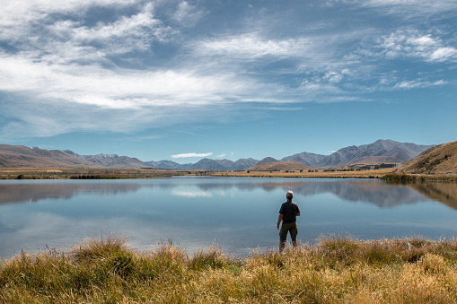 Man looks at Maori Lake at Hakatere Conservation Reserve, Canterbury, New Zealand