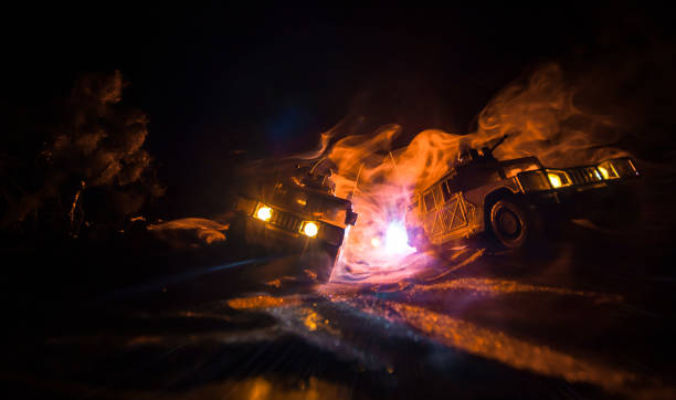 war concept. battle scene on war fog sky background, fighting silhouettes below cloudy skyline at night. - car individuality military 4x4 imagens e fotografias de stock