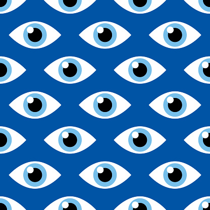 Vector illustration of blue eyes in a repeating pattern against a blue background.