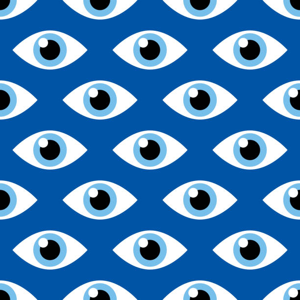 Spy Eye Pattern Vector illustration of blue eyes in a repeating pattern against a blue background. creepy stalker stock illustrations